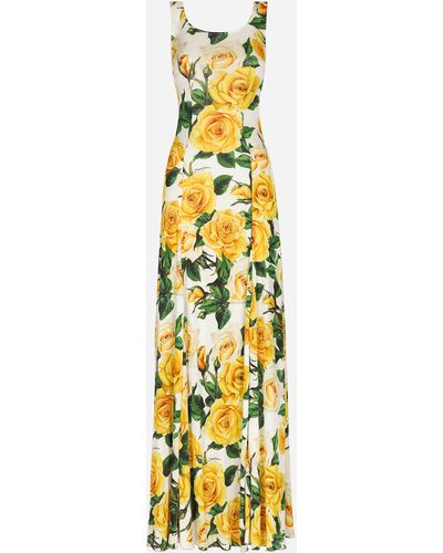 Dolce & Gabbana Long organzine round-neck dress with yellow rose print - Métallisé