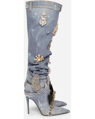 Dolce & Gabbana Stiefel aus Patchwork-Denim mit Stickereien - Blau