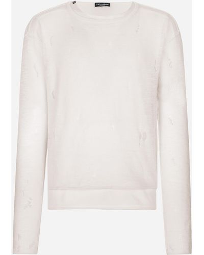 Dolce & Gabbana Jersey de cuello redondo en lino técnico con detalles rotos - Blanco