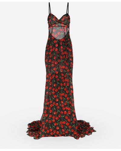 Dolce & Gabbana Vestido largo con cola de chifón con estampado de cerezas - Marrón