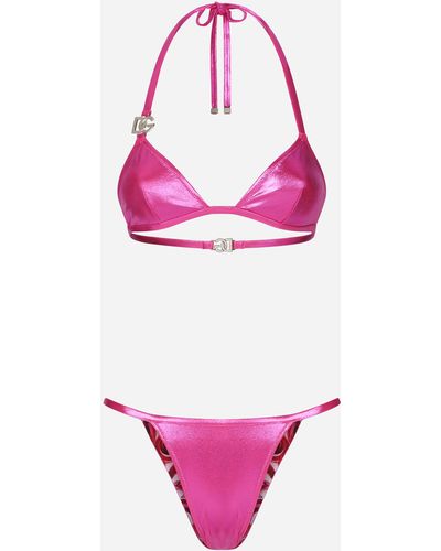 Dolce & Gabbana Laminated Triangle Bikini Top With Dg Logo: - Pink