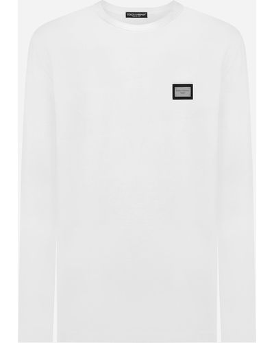 Dolce & Gabbana Langarm-T-Shirt mit Logoplakette - Weiß