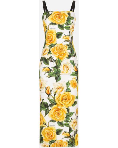 Dolce & Gabbana Drapiertes Kleid aus Charmeuse Gelbe-Rosen-Print - Mettallic