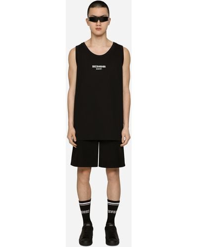 Dolce & Gabbana Printed Cotton Jersey Singlet With Dg Vib3 Patch - Black