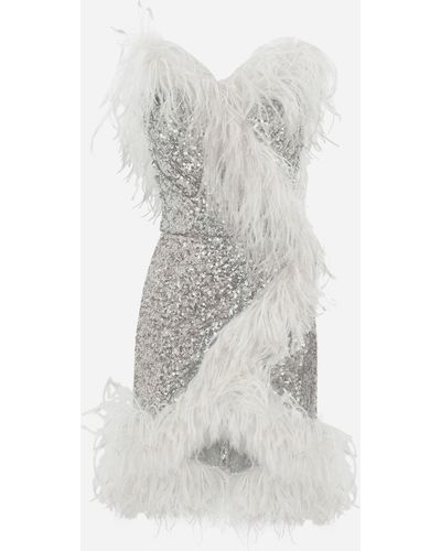 Dolce & Gabbana Vestido corto cruzado de lentejuelas con bordes de plumas - Blanco