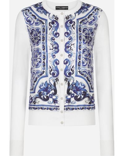 Dolce & Gabbana Cardigan in seta e twill stampa maiolica - Blu