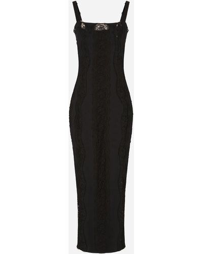 Dolce & Gabbana Vestido longuette de punto con aplicaciones de encaje - Negro