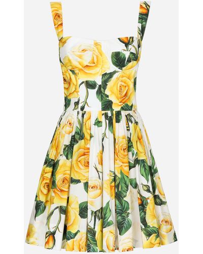 Dolce & Gabbana Short Cotton Corset Dress With Yellow Rose Print