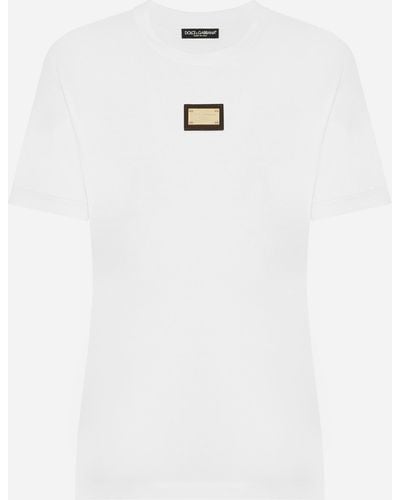Dolce & Gabbana T Shirt With Logoed Metal Plaque - White