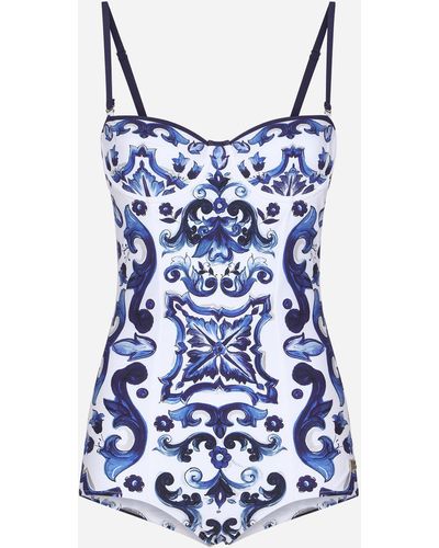 Dolce & Gabbana Balconette-Badeanzug Majolika-Print - Blau