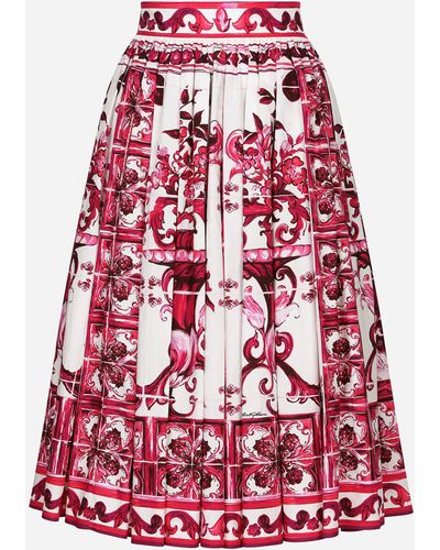 Dolce & Gabbana Jupe midi en popeline à imprimé majoliques - Blanc