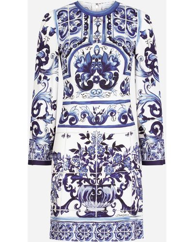 Dolce & Gabbana Abito corto in organzino stampa maiolica - Blu