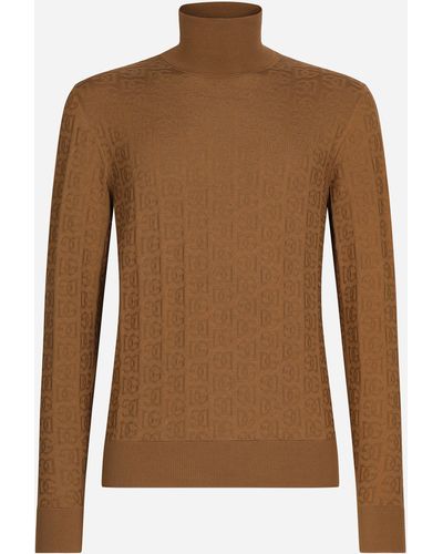 Dolce & Gabbana Silk Jacquard Turtleneck Sweater With Dg Logo - Brown