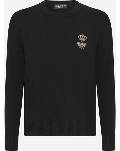 Dolce & Gabbana Round-neck Wool Sweater With Embroidery - Black