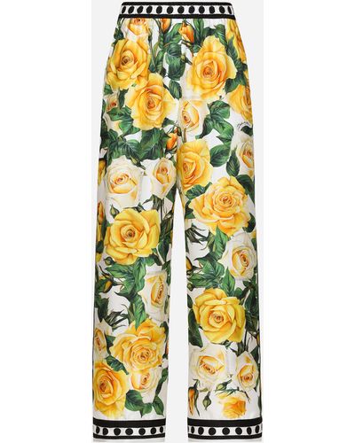 Dolce & Gabbana Silk Pyjama Trousers With Rose Print Yellow