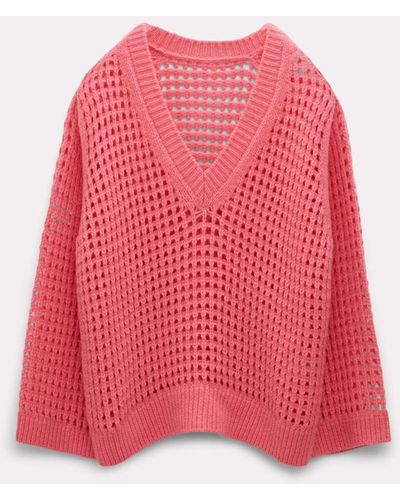 Dorothee Schumacher Open Knit V-neck Sweater In Wool-cashmere - Red