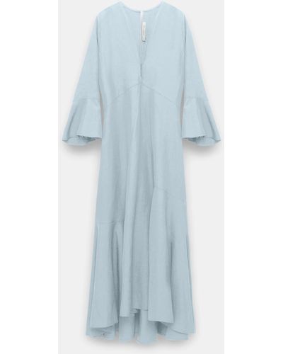 Dorothee Schumacher Kleid aus Leinenmix mit tiefem V-Ausschnitt und Volants - Blau