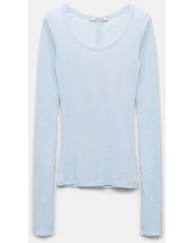 Dorothee Schumacher Ribbed Cotton Long Sleeve Top With A Deep Scoop Neckline - Blue