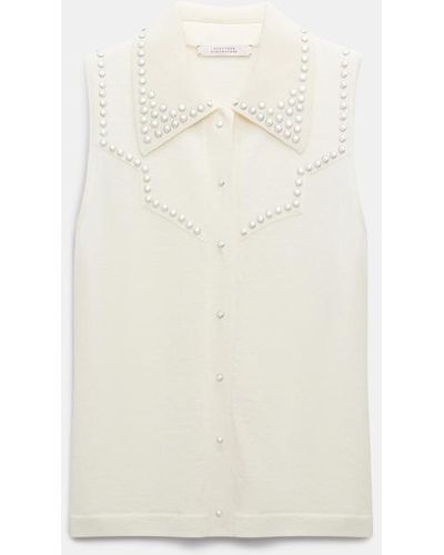 Dorothee Schumacher Embellished Sleeveless Knit Shirt With Polo Collar - White