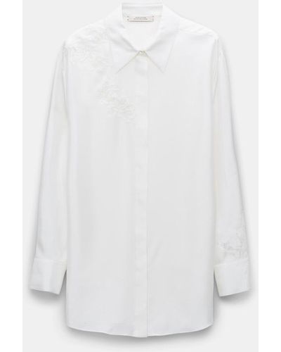 Dorothee Schumacher Silk Twill Shirt With Asymmetric Lace Inserts On One Shoulder And Sleeve - White