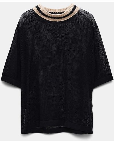 Dorothee Schumacher Sheer Knit Cotton Mesh Top With Contrast Trim - Black