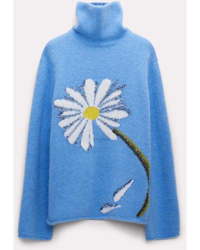 Dorothee Schumacher Turtleneck Pullover With Intarsia Knit Flower - Blue