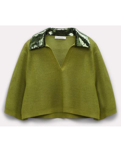 Dorothee Schumacher Pointelle Knit Top With Sequin Collar - Green