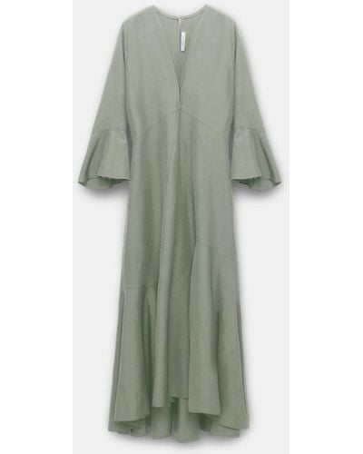 Dorothee Schumacher Kleid aus Leinenmix mit tiefem V-Ausschnitt und Volants - Grün