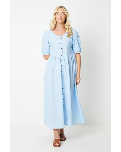 Dorothy Perkins Puff Sleeve Button Front Midi Dress - Blue