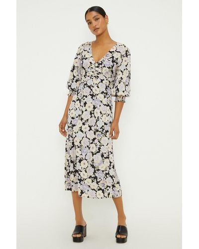 Dorothy Perkins Large Pastel Floral Ruched Front Shirred Cuff Midi Dress - Multicolour