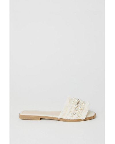 Dorothy Perkins Faith: Marlie Pearl And Diamante Fringed Flat Mule Sandals - Natural