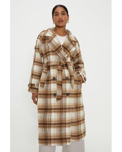 Dorothy Perkins Checked Longline Double Breasted Coat - Natural