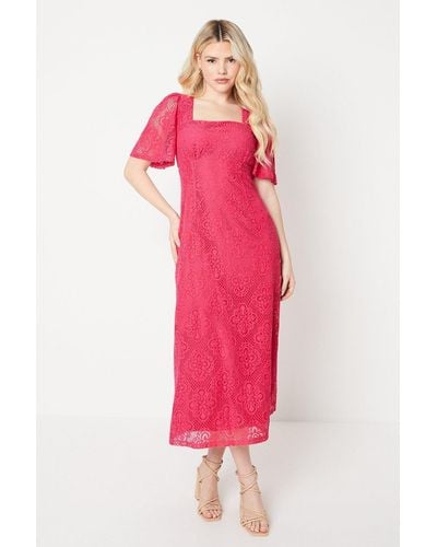 Dorothy Perkins Square Neck Lace Midi Dress - Pink