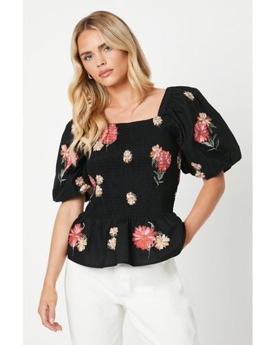 Dorothy Perkins Petite Embroidered Shirred Bodice Blouse - Black