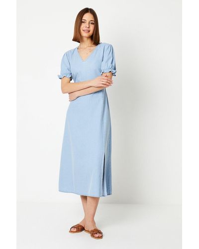 Dorothy Perkins Denim V Neck Puff Sleeve Midi Dress - Blue