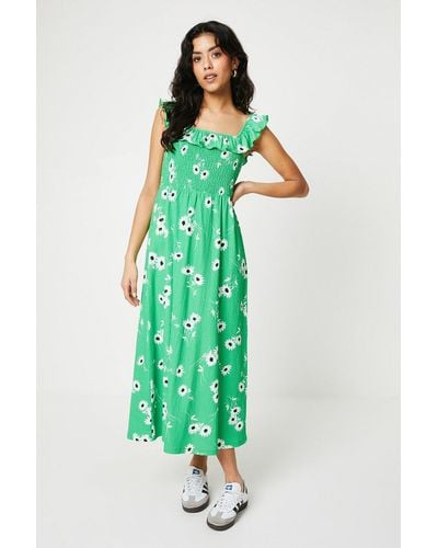 Dorothy Perkins Petite Floral Shirred Body Frill Neck Midi Dress - Green