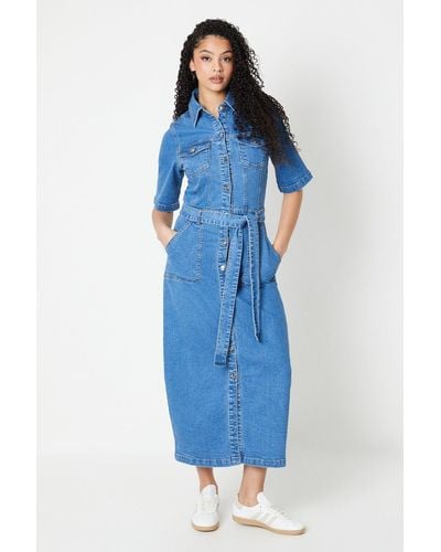 Dorothy Perkins Tall Denim Short Sleeve Midi Dress - Blue
