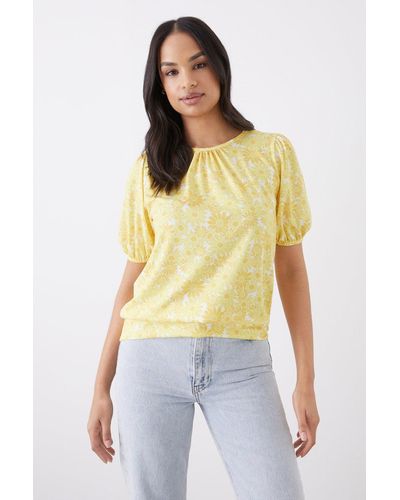 Dorothy Perkins Floral Banded Hem Puff Sleeve Top - Yellow