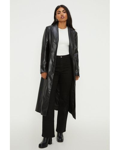 Dorothy Perkins Faux Leather Longline Fitted Coat - Black