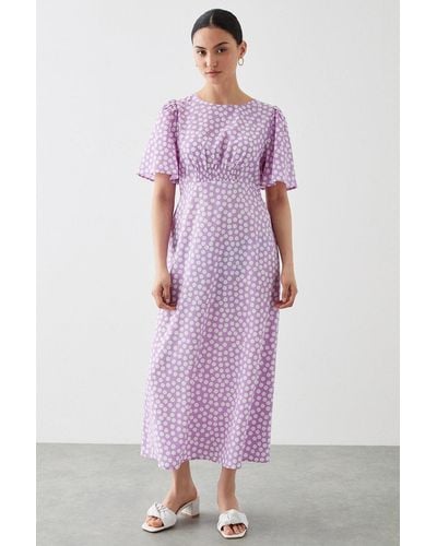 Dorothy Perkins Petite Lilac Spot Flutter Sleeve Shirred Waist Midi Dress - Purple