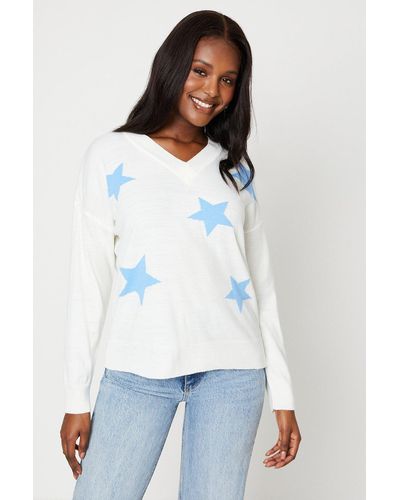 Dorothy Perkins V Neck All Over Star Print Knitted Jumper - White