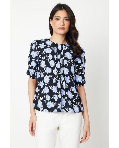 Dorothy Perkins Blue Floral Ruched Puff Sleeve Blouse