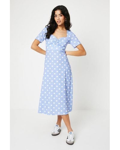 Dorothy Perkins Petite Spot Ruched Front Midi Dress - Blue