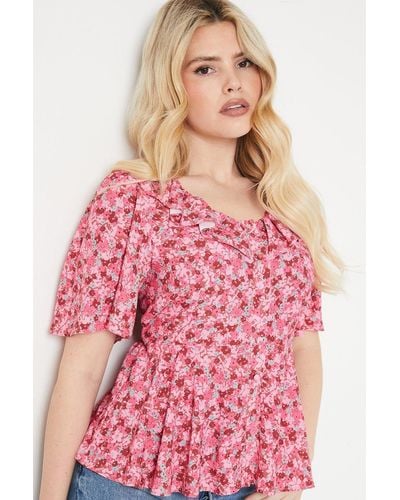 Dorothy Perkins Floral Button Front Angel Sleeve Blouse - Pink