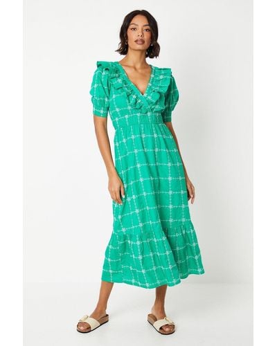 Dorothy Perkins Embroidered Frill Puff Sleeve Midi Dress - Green
