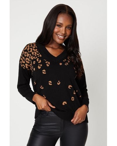 Dorothy Perkins V Neck Leopard Knitted Jumper - Black