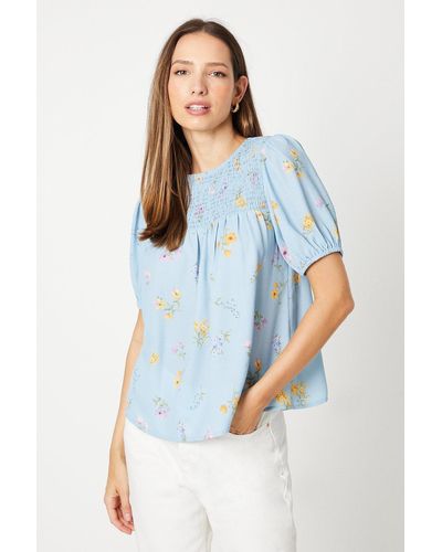 Dorothy Perkins Floral Shirred Puff Sleeve Blouse - Blue