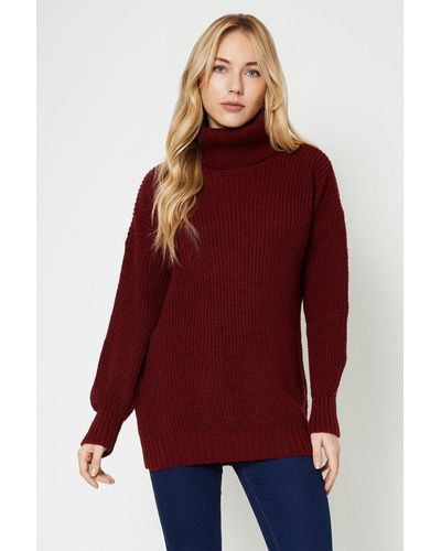 Dorothy Perkins Longline Roll Neck Chunky Jumper - Red