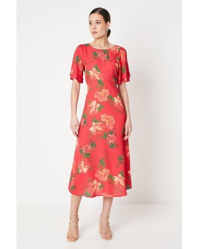 Dorothy Perkins Floral Tie Back Flutter Sleeve Midi Dress - Red