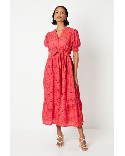 Dorothy Perkins Broderie Belted Midi Shirt Dress - Red